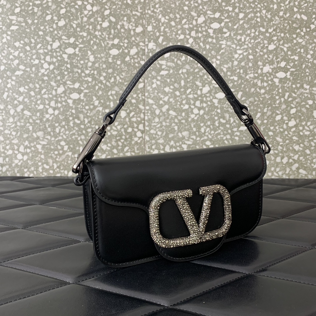 Valentino Garavani Loco Small Shoulder Bag in Black Calfskin Leather 